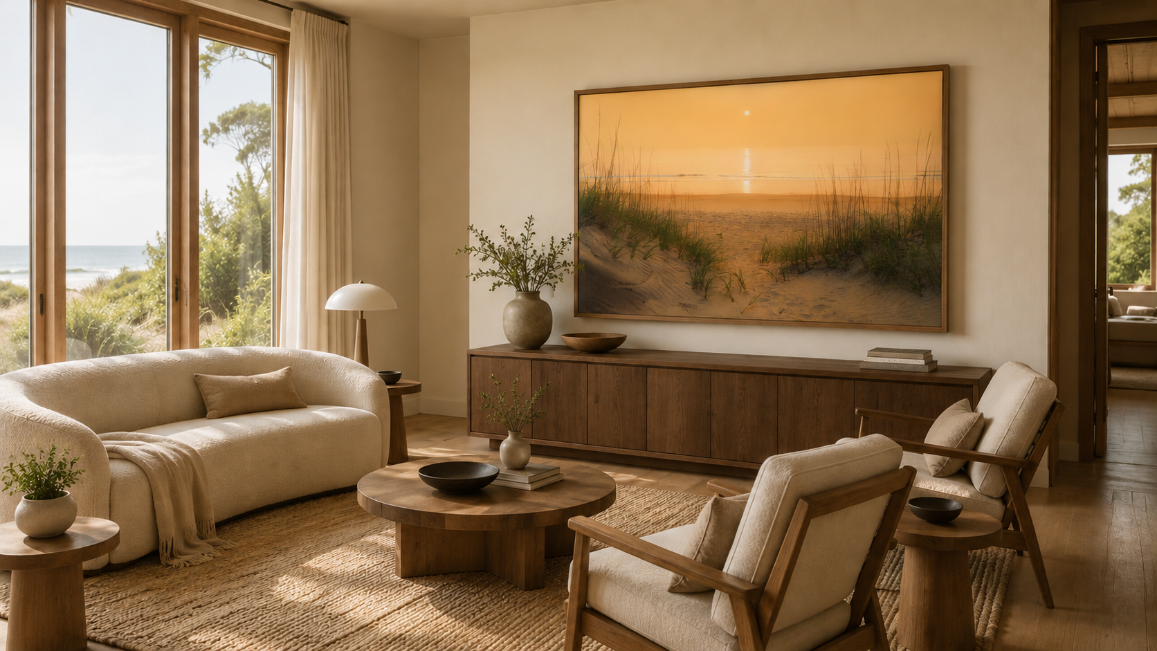 Outer Banks Beach Sunrise coastal photography installed in a quiet luxury coastal living room by Dan Sproul